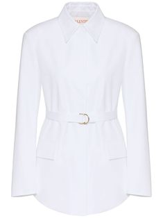 Valentino Ready To Wear optical white straight-point collar front press-stud fastening long sleeves belted waist two front flap pockets curved hem The full look includes Valentino Garavani accessories. Valentino Ready To Wear, Valentino Dress, Layered Long Sleeve, White Cotton Dress, Cotton Shirt Dress, City Dress, Full Look, Dress Home, Summer Beach Wear