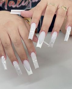 15 French Winter Snowflake Nail Ideas for 2023-2024 - thepinkgoose.com Mc Nails, Snowflake Nails, Bling Acrylic Nails, Hot Nails, Xmas Nails, Best Acrylic Nails, Long Acrylic Nails