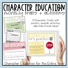 an image of character education for the entire year with text and pictures on it, including handwritten instructions