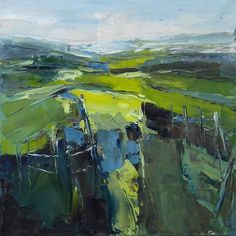 an abstract painting of green fields and blue sky