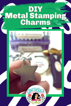 a hand holding a star shaped metal stamping charm in front of a purple and green background