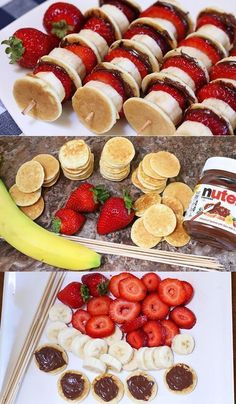 the desserts are ready to be eaten and put on plates with strawberries, banana slices