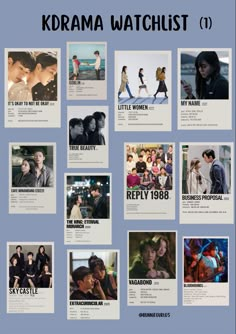 the kdrama watchlist is displayed on a blue background with black and white photos