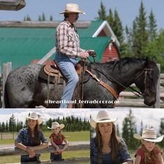 a woman sitting on top of a horse next to a man wearing a cowboy hat