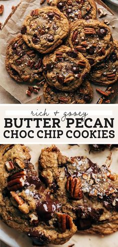 chocolate pecan cookies are stacked on top of each other