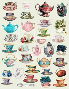 many different types of teapots and saucers are shown in this image, including one