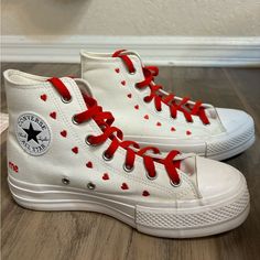 I Got These When They First Came Out But Only Wore Them Once Or Twice. Nothing Wrong With Them I Just Stopped Wearing Converse And Impulsively Bought To Many Fun Types. Custom Red Converse, Coffee Bookstore, Downtown Coquette, Coquette Red, Red Converse, Converse White, Black Converse, Red Maroon, Women's Converse