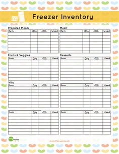 a printable freezer inventory sheet with the words freezer inventory written on it