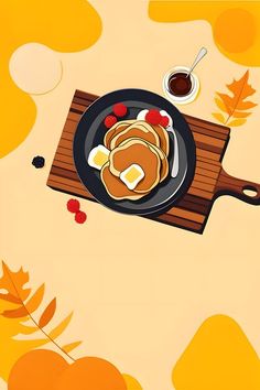 pancakes on a plate with syrup and maple leaves around them, next to a cup of coffee