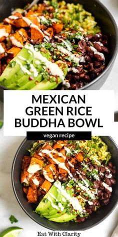 mexican green rice buddha bowl with black beans and avocado