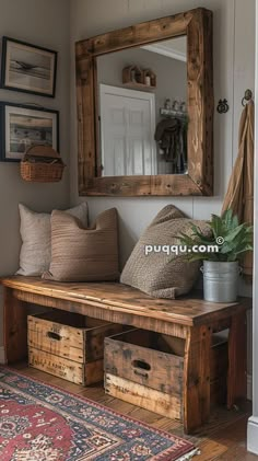 a wooden bench sitting in front of a mirror on top of a wall next to a rug