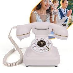 an old - fashioned phone is shown with the image of a bride and groom in the background