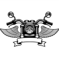 a motorcycle with wings and banner on the front, in black and white stock illustration