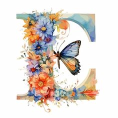 the letter c is made up of flowers and a butterfly on it's wings