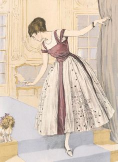 a drawing of a woman in a dress standing on steps next to a dog looking out the window