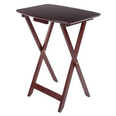 a wooden table with a black top and two legs on the bottom, against a white background