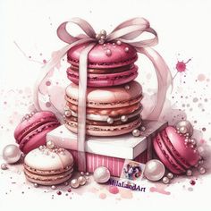 a painting of pink macaroons wrapped in a ribbon and surrounded by other macaroons