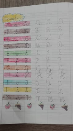 a child's handwriting with the letters and numbers written on it in different colors