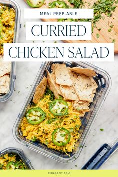 Three servings of curried chicken salad sit in glass storage containers. Canned Chicken Lunch Recipes Healthy, Healthy Canned Chicken Salad, Chicken Curry Salad Sandwich, Curried Chicken Salad Sandwich, Chicken Salad With Curry Powder, Leftover Shredded Chicken, Curry Chicken Salad Recipe, Chicken In The Instant Pot, Curried Chicken Salad