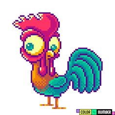 a pixellated image of a rooster with big eyes and an angry look on its face