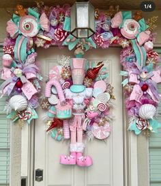 a door decorated with pink and blue decorations