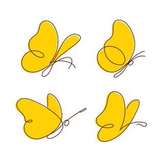 four yellow butterflies with black outlines on them, one is facing the camera and two are