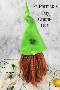 a homemade st Patrick's day gnome on a mesh cloth against a marble background Irish Gnome, Gnome Diy, Green Glass Bottles, Gnomes Diy, School Glue, Diy Gnomes, Gnomes Crafts, Green Bottle, Diy Wine