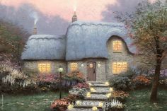 a painting of a cottage with steps leading up to the front door and lights on