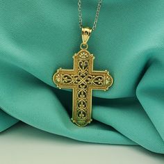 This vintage cross is like having two pieces in one! One side is made of very detailed 14k yellow gold, while the other side is both whit and yellow gold filigree.  An adjustable sterling silver chain (18", 16", 14") is included so this piece really will work with any outfit. The cross is a substantial 1.25" long and .75" wide.  It is 3mm thick and has a textured, 3-dimensional look to it.  Including the yellow gold bail, it hangs about 1.5" long. Roanoke Va, Gold Filigree, Gold Stone, Religious Jewelry, Fine Jewellery Necklace, The Cross, Sterling Silver Chain, Sterling Silver Chains, Two Pieces