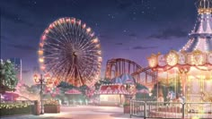 an amusement park at night with ferris wheel and carnival rides