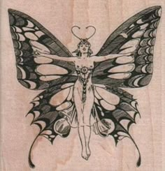 a drawing of a butterfly with a woman on it's back and wings in the shape of a heart