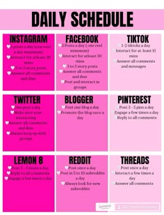 the daily schedule for bloggers to use on their social media platforms, including twitter and instagram