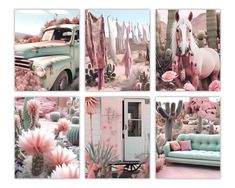 four pictures of pink and green desert with cactus trees, an old pickup truck, flowers, and cacti