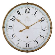 an old clock with roman numerals on the face and numbers painted blue, white and gold