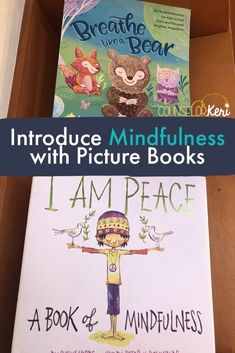 two books in a cardboard box with the title, introduce mindfulness with picture books i am peace