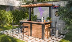 an outdoor bar in the middle of a garden with stools and tables around it