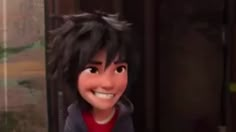 an animated character with black hair and red shirt smiling at the camera while standing in front of a building