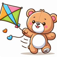 a brown teddy bear flying a colorful kite