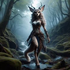 a woman with horns is walking through the woods