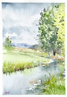 a watercolor painting of trees and grass