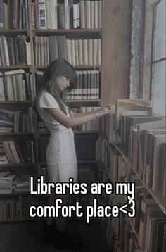 a girl standing in front of a bookshelf with the words librarians are my comfort place - 3