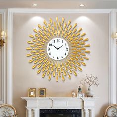 a clock that is on the wall above a fireplace