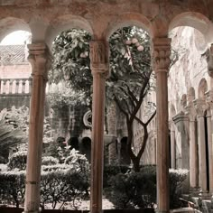 an old building with columns and trees in the courtyard