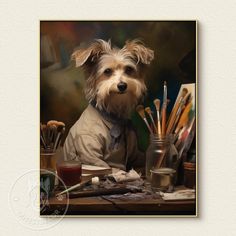 a painting of a dog in an artist's studio with paintbrushes and brushes