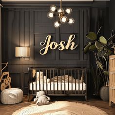 a baby's room with a crib, lamp and teddy bear on the floor