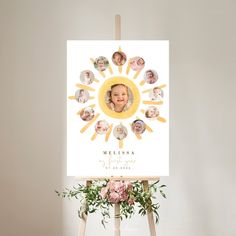 an easel with a family photo on it