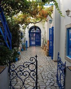 an entrance to a house with blue doors and railings on either side, surrounded by greenery