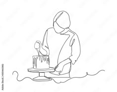 a continuous line drawing of a person cutting a cake with a knife on a plate