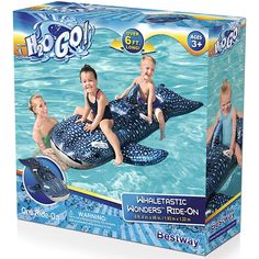 two young children riding on an inflatable sea animal floating pool ride - on