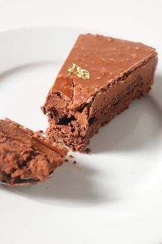 a piece of chocolate cake on a white plate